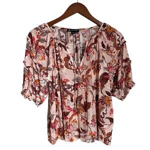 INC Floral Boho Blouse Tie Front V Neck 3/4 Balloon Ruffled Sleeve Cottagecore